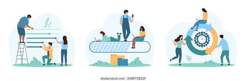 Status bar of loading progress in digital website UI. Tiny people wait time of data download and update process with round and line indicator charts, slide toggles cartoon vector illustration