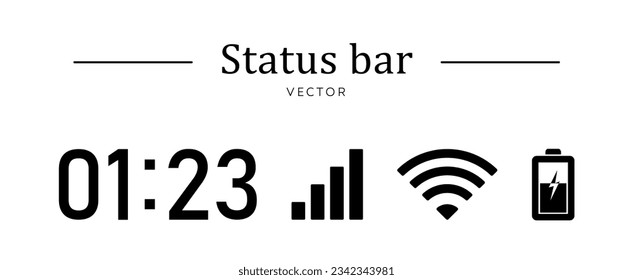 Status bar. Mobile phone icon set isolated on white background. Simple graphic design. Time, connection, wifi signal, battery icon.For mobile app, website,ui.Vector illustration.