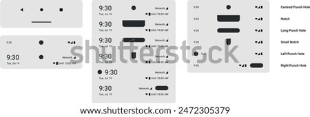 Status bar - Notch and punch hole display battery level time notification alerts and device interaction from anywhere. UI Components set template  Bars, classes smartphone OS long notch and pill drop