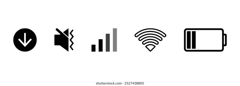 Teléfono de la barra de Estado. Conjunto de iconos móviles. Contiene señal de teléfono, wifi, batería, silencio, Descarga. Ilustración vectorial de icono de barra de Estado aislado sobre fondo blanco.