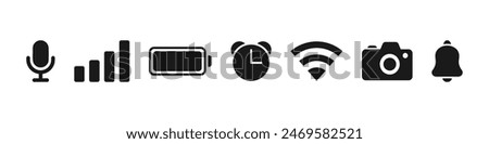 Status bar phone. Mobile icons set. Contain phone signal, wifi, battery, time, camera, microphone. Vector illustration.