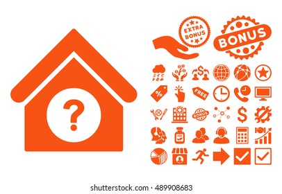 Status Building icon with bonus images. Vector illustration style is flat iconic symbols, orange color, white background.