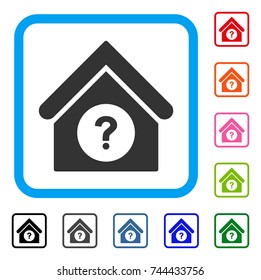 Status Building icon. Flat gray pictogram symbol in a blue rounded rectangular frame. Black, gray, green, blue, red, orange color versions of Status Building vector.