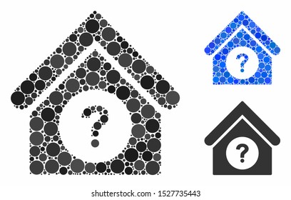 Status building mosaic of filled circles in variable sizes and color tones, based on status building icon. Vector small circles are united into blue illustration.