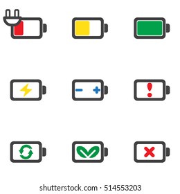 Status energy battery full, charge, error, recycle icon isolated vector