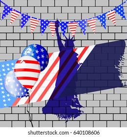 STATUS OF FREEDOM. ON THE BACKGROUND OF A BRICK WALL WITH AIR BALLS. Independence Day United States. Illustration for your design. Fourth of July. The day of the American flag.