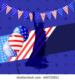 STATUS OF FREEDOM. ON THE BACKGROUND WITH CINEMA WITH AIR BALLS. Independence Day United States. Illustration for your design. Fourth of July. The day of the American flag.
