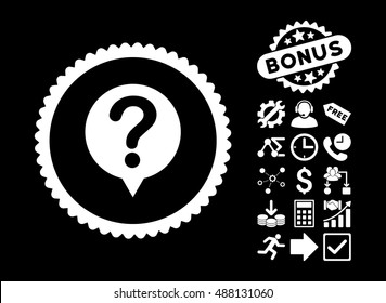 Status icon with bonus pictures. Vector illustration style is flat iconic symbols, white color, black background.