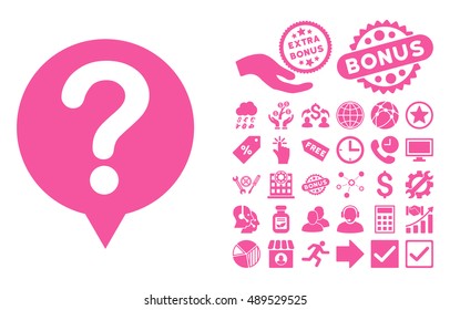 Status icon with bonus icon set. Vector illustration style is flat iconic symbols, pink color, white background.