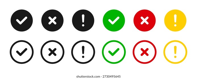 Conjunto de iconos de Estado con marca de verificación, cruz y signos de exclamación. Indicadores de éxito, error y advertencia. Notificación del sistema y Elementos de interfaz para confirmación, alertas y estados de Comentarios.