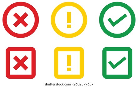 Status icon set showing cross, alert, and check symbols in color circle and square designs used for error, warning, and confirmation indicators.