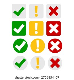Conjunto de iconos de indicadores de Estado Marca de verificación, advertencia y símbolos cruzados