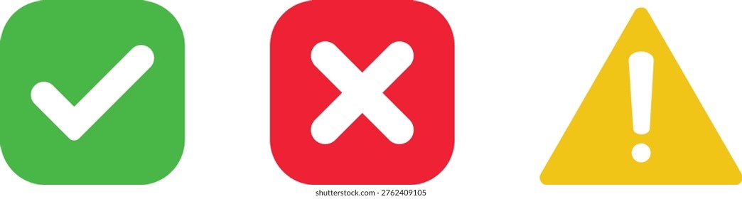 Status Indicator Symbols. Checkmark Exclamation and Cross Icon Set. Tick mark and alert icons. Validation and notification sign. Success warning and error symbols.

