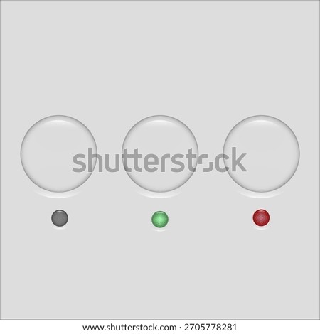 Status lights buttons. Grey green red indicators. Three round Vector controls. Neumorphic elements set.