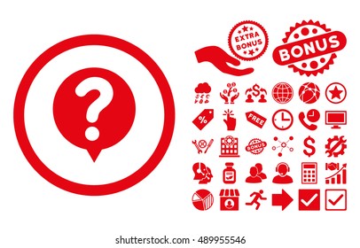 Status pictograph with bonus elements. Vector illustration style is flat iconic symbols, red color, white background.