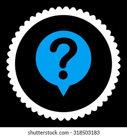 Status round stamp icon. This flat vector symbol is drawn with blue and white colors on a black background.