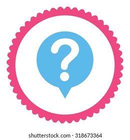 Status round stamp icon. This flat vector symbol is drawn with pink and blue colors on a white background.