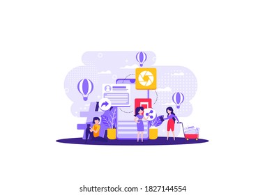 Status Update Vector Illustration Concept, People Updating Their Status On Social Media And Share Their Photos. Vector Illustration