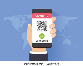 Status Vaccinated On Mobile Phone App With Qr Code. Travelling With Covid Vaccine Passport. Vector Illustration