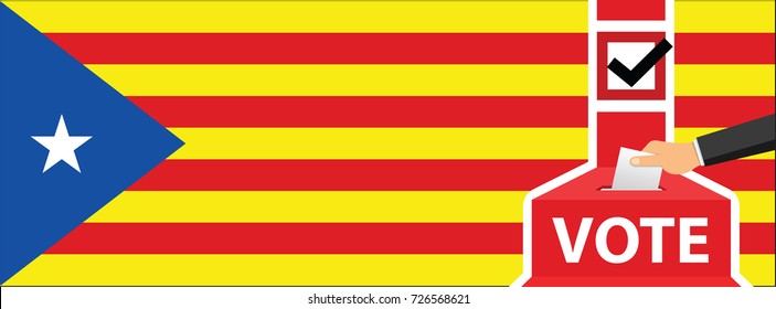 Statute of Autonomy of Catalonia - voting at the ballot box. hand putting paper in the ballot box. Catalan flag on background. vector illustration.