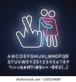 Statutory rape neon light icon. Harassment of females. Sexual activity with minor. Beyond law sex. Sexual exploitation. Rape by deception. Glowing sign with alphabet. Vector isolated illustration