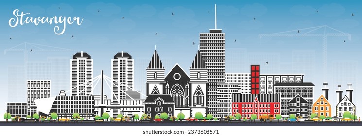 Stavanger Norway city skyline with color buildings and blue sky. Vector illustration. Stavanger cityscape with landmarks. Business travel and tourism concept with historic architecture.