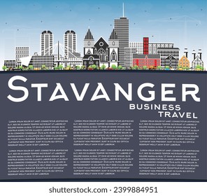 Stavanger Norway city skyline with color buildings, blue sky and copy space. Vector illustration. Stavanger cityscape with landmarks. Business travel and tourism concept with historic architecture.