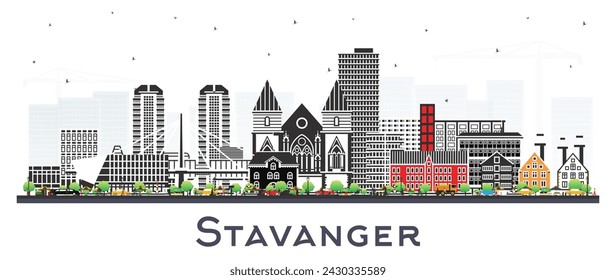 Stavanger Norway city skyline with color buildings isolated on white. Vector illustration. Stavanger cityscape with landmarks. Business travel and tourism concept with historic architecture.