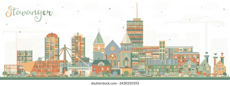 Stavanger Norway city skyline with color buildings. Vector illustration. Stavanger cityscape with landmarks. Business travel and tourism concept with historic architecture.