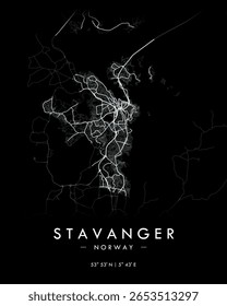 Stavanger vector print map in dark theme. Detailed map of Stavanger in Norway. Best free vector illustration. Tourist decorative minimalist street map.