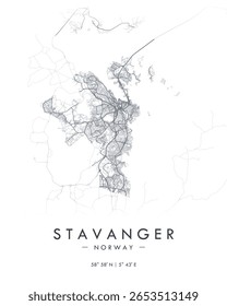 Stavanger vector print map. Detailed map of Stavanger in Norway. Best free vector illustration. Tourist decorative minimalist street map.