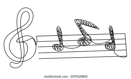 Stave by one line on a white background. Stock illustration with treble clef and notes. Song creation. Signs of classical teaching in a music class.