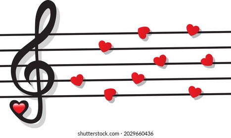 stave with heart notes and treble clef on white background 