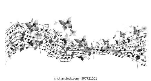 Stave with music notes and butterflies isolated vector illustration. Music background for poster, brochure, banner, flyer, concert, music festival