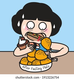 Staving Girl Overeating On Food After Finishing Her Intermittent Fasting Period Concept Card Character illustration