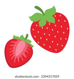 Stawberry red summer fruit, white background. Vector graphic illustration. Vegetarian cafe print, poster, card. Natural, organic dessert sweet, fresh berry.