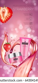 Stawberry skin care series ads. Vector Illustration with honey smoothing cream tube and container. Vertical banner.