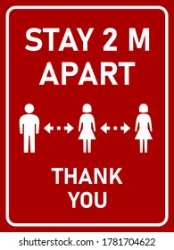 Stay 2 M or 2 Metres Apart Thank You Vertical Social Distancing Instruction Sign with an Aspect Ratio of 3:4. Vector Image.