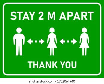 Stay 2 M or 2 Metres Apart Thank You Horizontal Social Distancing Instruction Sign with an Aspect Ratio of 4:3. Vector Image.