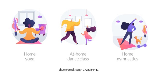 Stay active amid quarantine abstract concept vector illustration set. Home yoga, at-home dance class, home gymnastics, quarantine training, online lesson, video tutorial, workout abstract metaphor.