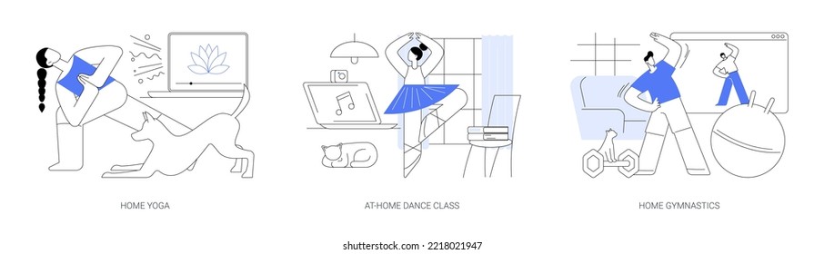 Stay active amid quarantine abstract concept vector illustration set. Home yoga, at-home dance class, home gymnastics, quarantine training, online lesson, video tutorial, workout abstract metaphor.