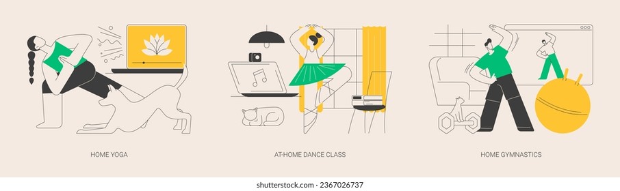 Stay active amid quarantine abstract concept vector illustration set. Home yoga, at-home dance class, home gymnastics, quarantine training, online lesson, video tutorial, workout abstract metaphor.