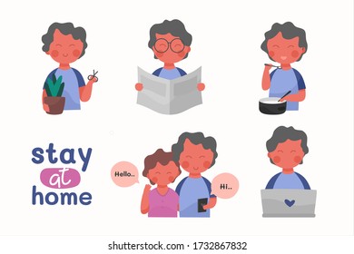 Stay active and doing activities. Isolated activities at home. Planting, reading, cooking, meeting and working at home. Stay at home set illustration.