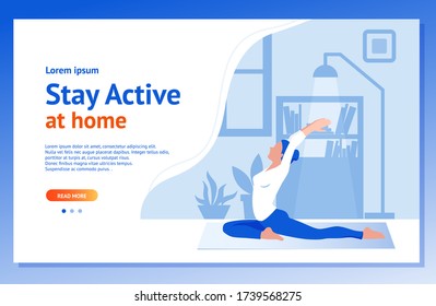 Stay active at home concept. Girl does exercises in a modern interior. Landing page background. Vector illustration in a flat style.