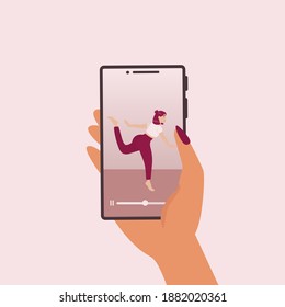 Stay active at home concept. Online personal fitness trainer. Female hand holding smartphone. Training via Internet video call. Sport online. Vector flat illustration. 