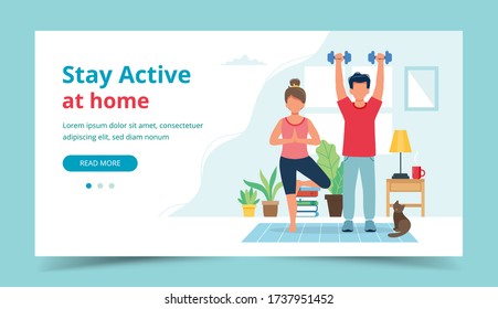 Stay active at home concept. People doing exercise in cozy modern interior. Vector illustration in flat style