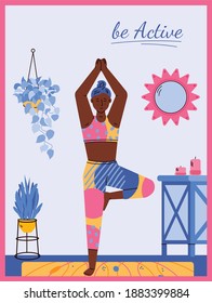 Stay active poster or banner with girl in a tree pose or vrksasana, cartoon vector illustration. Sport exercise and daily activity at home to sustain or improve health.