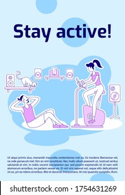 Stay active poster flat silhouette vector template. Couple exercising together. Brochure, booklet one page concept design with cartoon characters. Home gym flyer, leaflet with text space