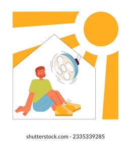Stay in air conditioned room flat concept vector spot illustration. European man sitting in front of fan 2D cartoon character on white for web UI design. Isolated editable creative hero image