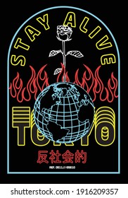 Stay alive slogan with neon detail Japanese translation: "Anti social." Vector design for tee and poster